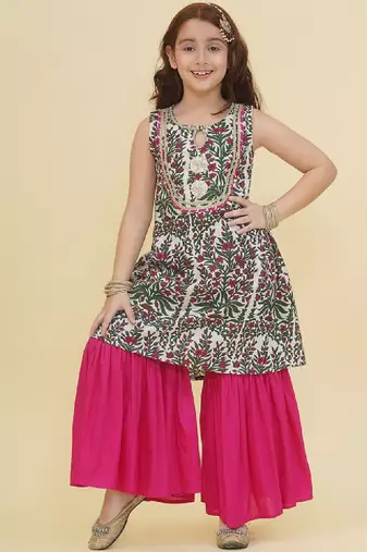 Girls ethnic motifs printed regular gotta patti pure cotton kurta with sharara
