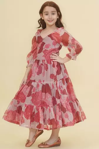 Girls v-neck floral print maxi dress