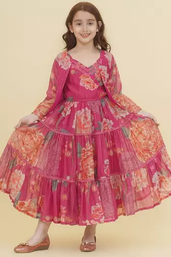 Girls floral print puff sleeve fit & flare maxi dress