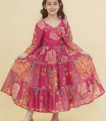 Girls floral print puff sleeve fit & flare maxi dress