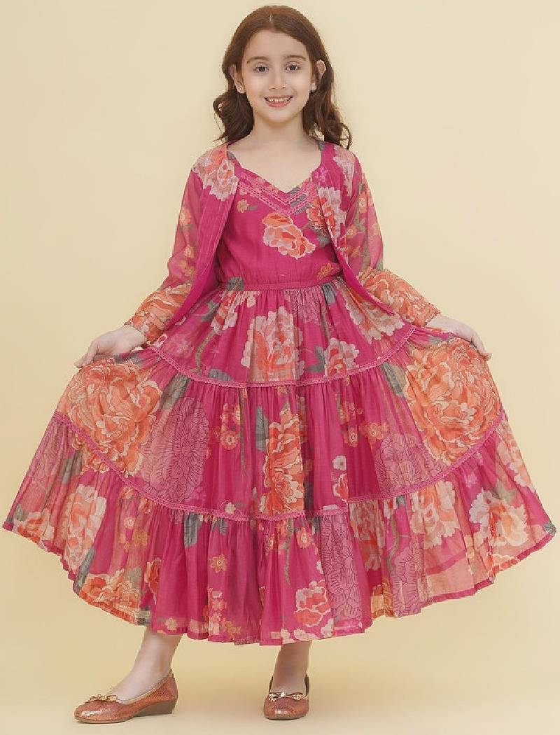 Girls floral print puff sleeve fit & flare maxi dress
