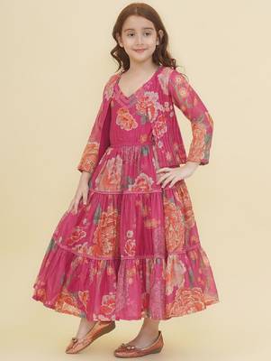 Girls floral print puff sleeve fit & flare maxi dress 3
