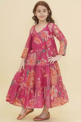 Girls floral print puff sleeve fit & flare maxi dress