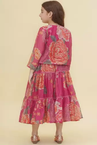 Girls floral print puff sleeve fit & flare maxi dress