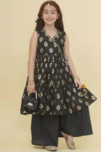 Girls printed pure cotton gotta patti angrakha kurta with sharara