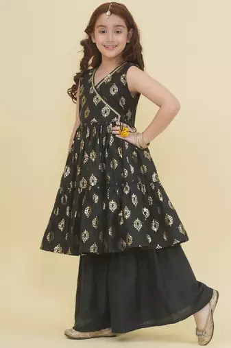 Girls printed pure cotton gotta patti angrakha kurta with sharara