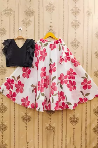 Girls white floral printed ready to wear lehenga & choli