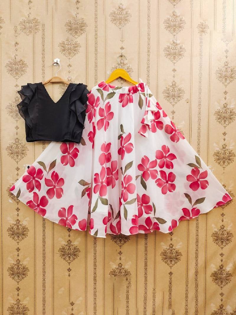 Girls white floral printed ready to wear lehenga & choli