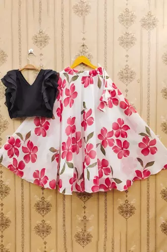 Girls white floral printed ready to wear lehenga & choli
