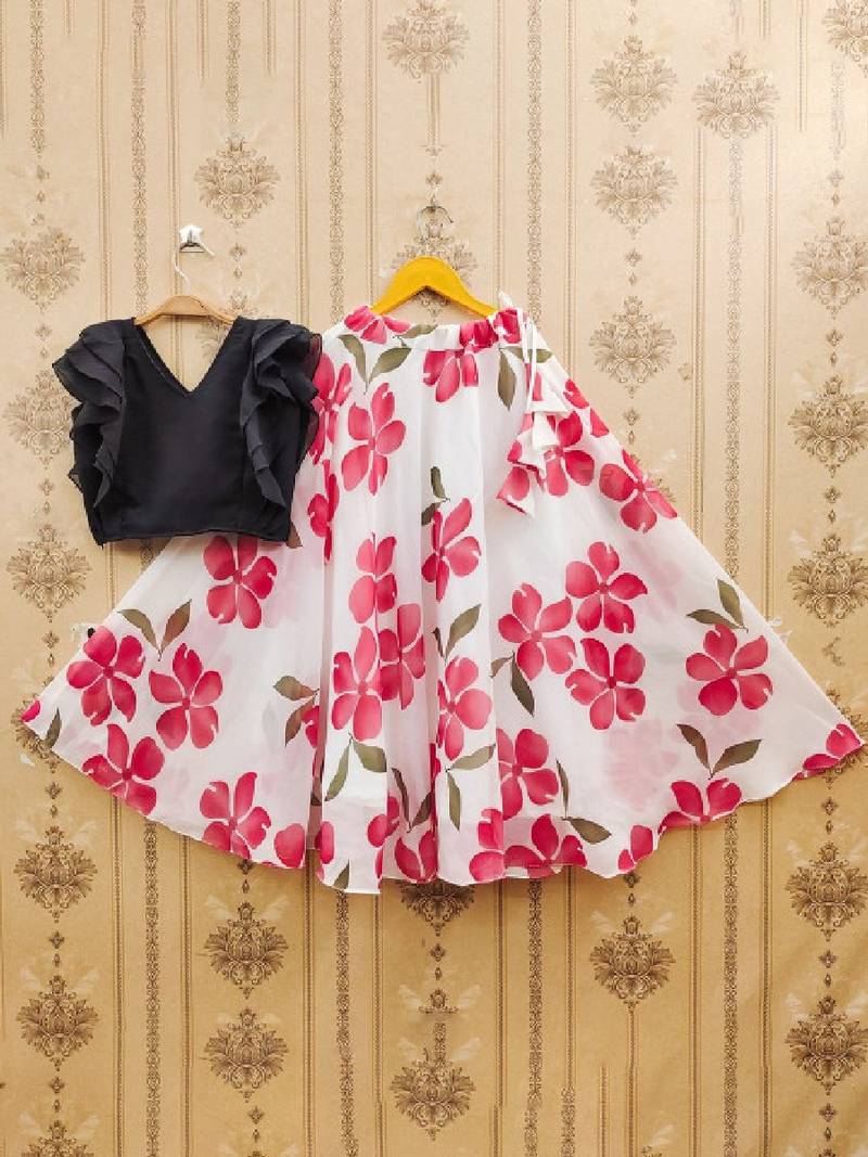 Girls white floral printed ready to wear lehenga & choli