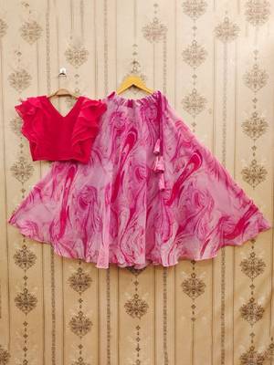 Girls pink tie and dye printed v neck georgette blouse & lehenga 1