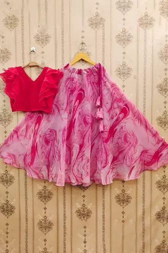 Girls pink tie and dye printed v neck georgette blouse & lehenga