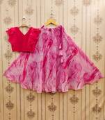 Girls pink tie and dye printed v neck georgette blouse & lehenga