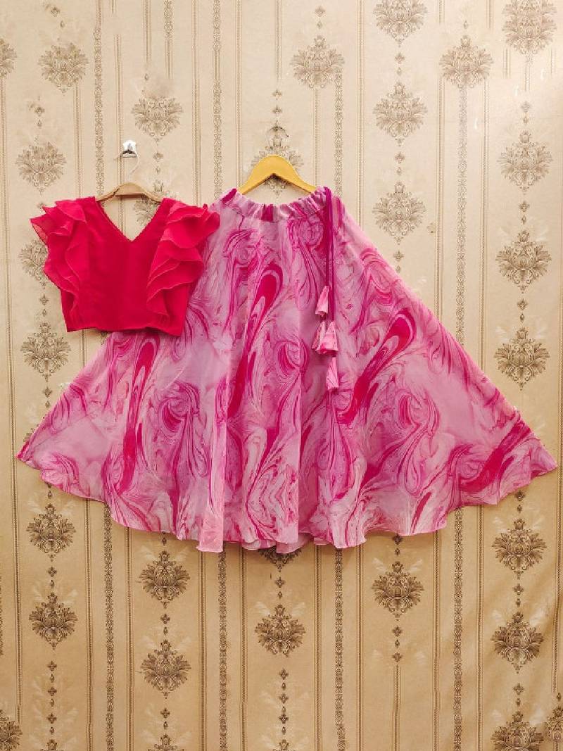 Girls pink tie and dye printed v neck georgette blouse & lehenga