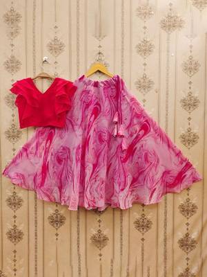Girls pink tie and dye printed v neck georgette blouse & lehenga 2
