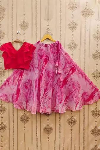 Girls pink tie and dye printed v neck georgette blouse & lehenga