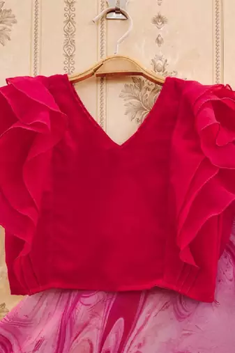 Girls pink tie and dye printed v neck georgette blouse & lehenga