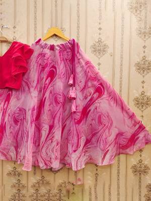 Girls pink tie and dye printed v neck georgette blouse & lehenga 4