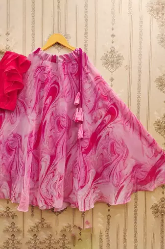 Girls pink tie and dye printed v neck georgette blouse & lehenga