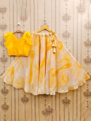 Girls yellow tie and dye printed v neck georgette blouse & lehenga 1