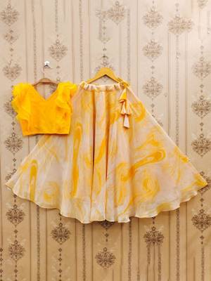 Girls yellow tie and dye printed v neck georgette blouse & lehenga 2