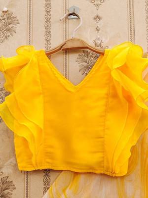Girls yellow tie and dye printed v neck georgette blouse & lehenga 3
