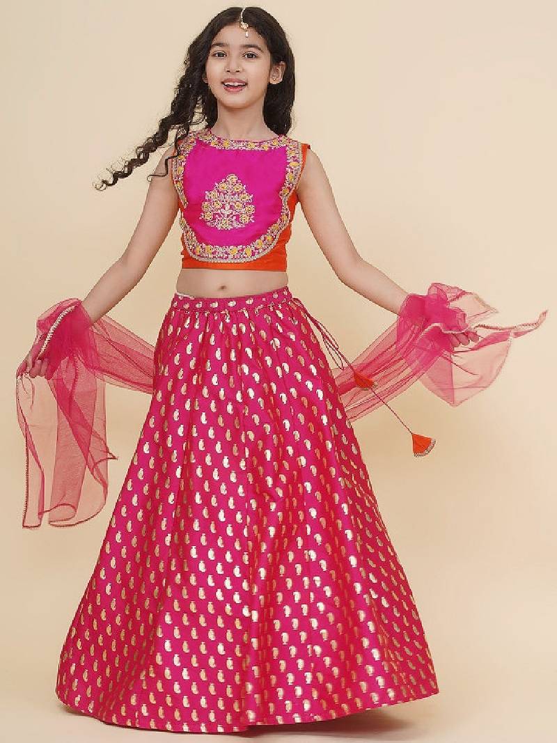 Girls embroidered foil print ready to wear lehenga & blouse with dupatta