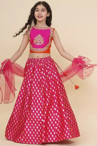 Girls embroidered foil print ready to wear lehenga & blouse with dupatta