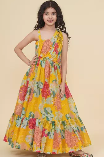 Girls round neck floral print fit & flare dress