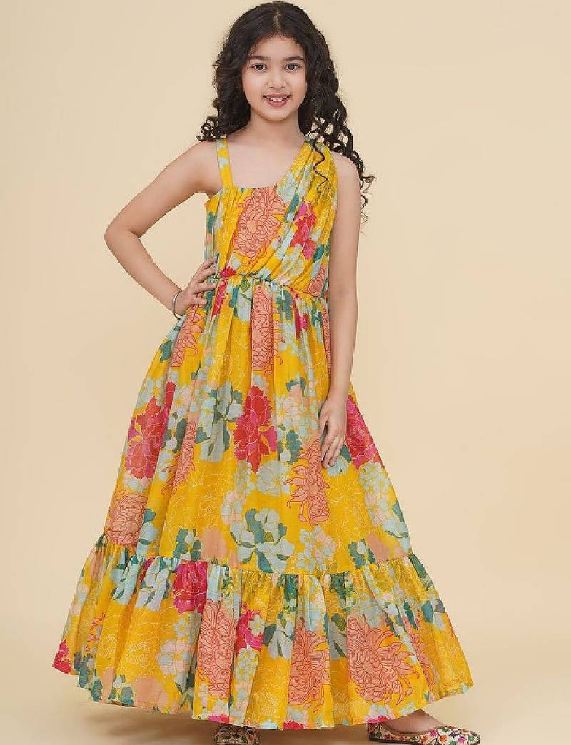 Girls round neck floral print fit & flare dress