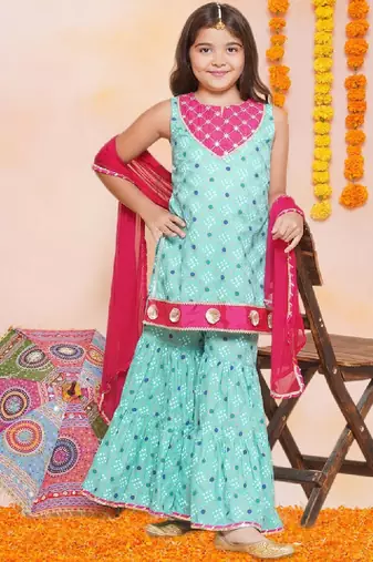 Girls floral printed cotton kurti with sharara & dupatta
