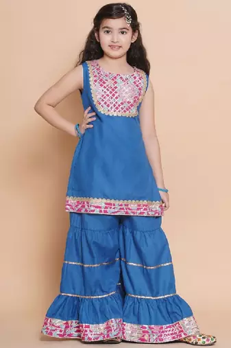 Girls floral embroidered cotton kurti with sharara