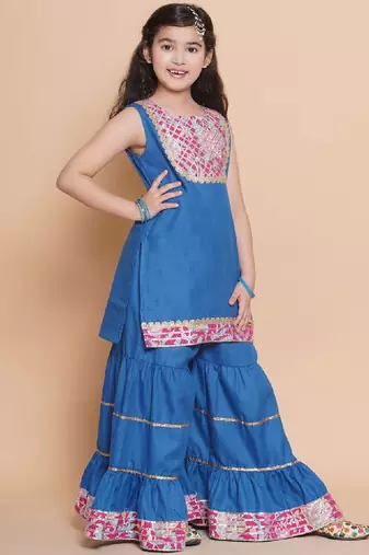 Girls floral embroidered cotton kurti with sharara