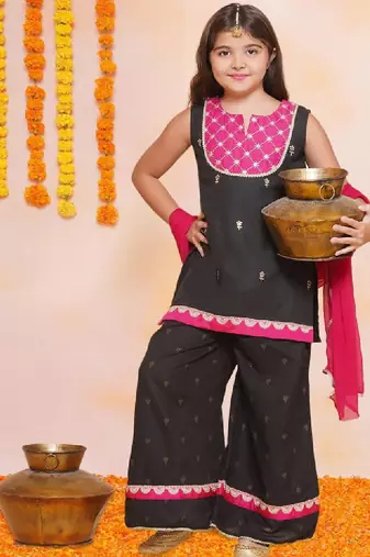 Girls floral embroidered cotton kurti with sharara & dupatta