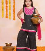 Girls floral embroidered cotton kurti with sharara & dupatta