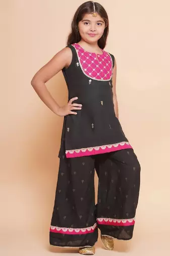 Girls floral embroidered cotton kurti with sharara & dupatta