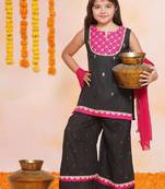 Girls floral embroidered cotton kurti with sharara & dupatta