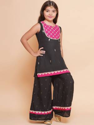 Girls floral embroidered cotton kurti with sharara & dupatta 4
