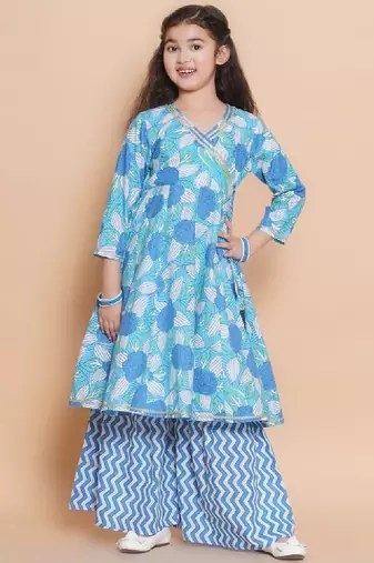 Girls floral printed cotton kurta with sharara