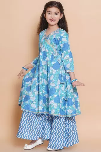 Girls floral printed cotton kurta with sharara