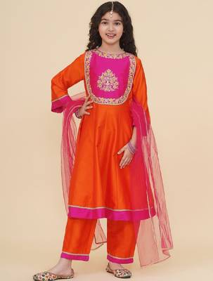 Girls floral yoke design panelled anarkali kurta with salwar & dupatta 1