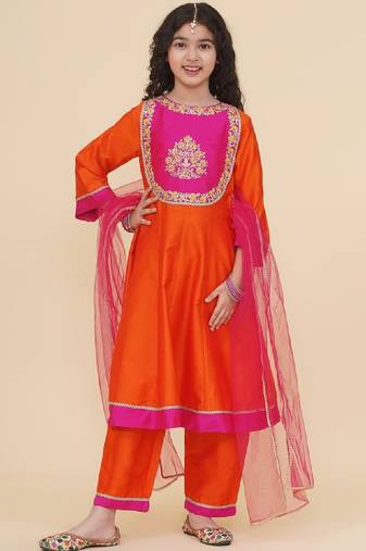 Girls floral yoke design panelled anarkali kurta with salwar & dupatta