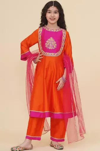 Girls floral yoke design panelled anarkali kurta with salwar & dupatta