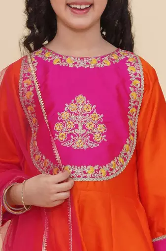 Girls floral yoke design panelled anarkali kurta with salwar & dupatta