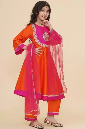 Girls floral yoke design panelled anarkali kurta with salwar & dupatta