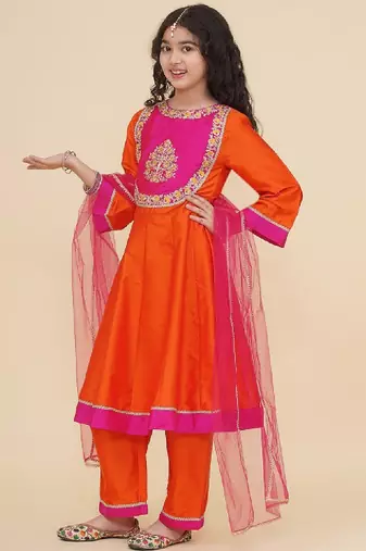 Girls floral yoke design panelled anarkali kurta with salwar & dupatta