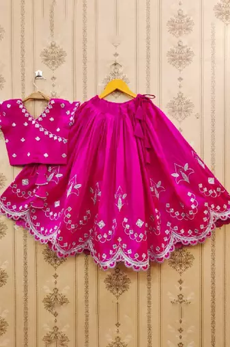 Girls pink floral embroidered silk zari ready to wear lehenga & blouse