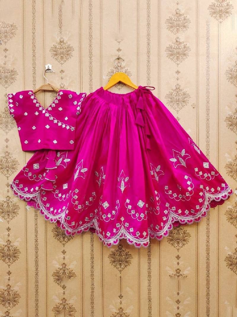 Girls pink floral embroidered silk zari ready to wear lehenga & blouse