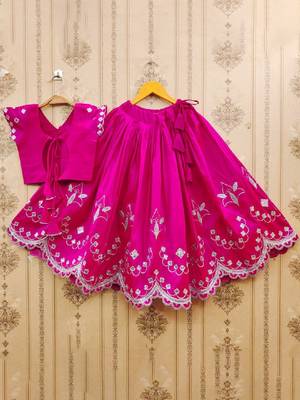 Girls pink floral embroidered silk zari ready to wear lehenga & blouse 2