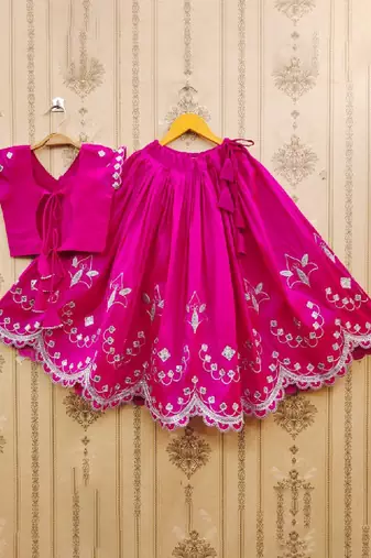 Girls pink floral embroidered silk zari ready to wear lehenga & blouse